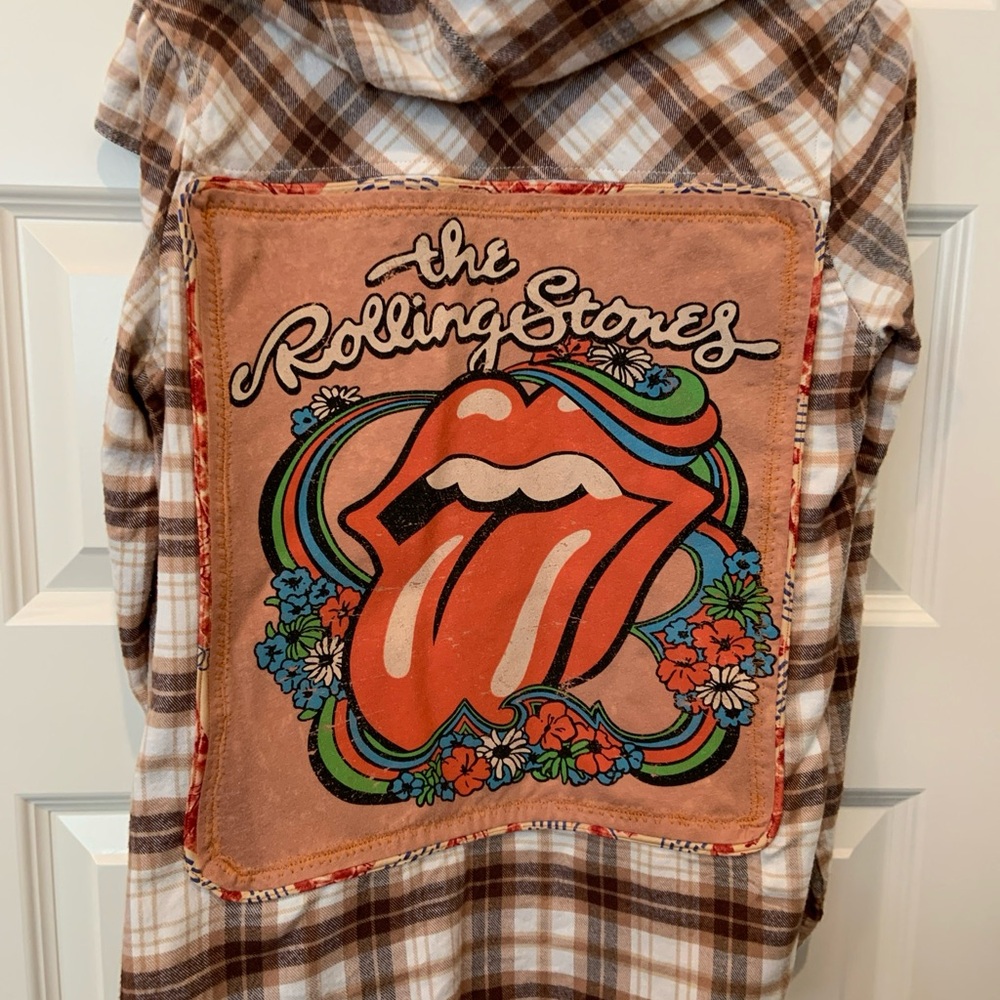 Women’s Custom Rolling Stones Plaid Flannel Hoodie Band Shirt Sz S